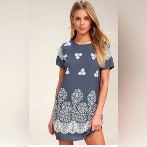 Lulus Riverside State Blue Floral Print Shift Dress Short Sleeve Mini Length